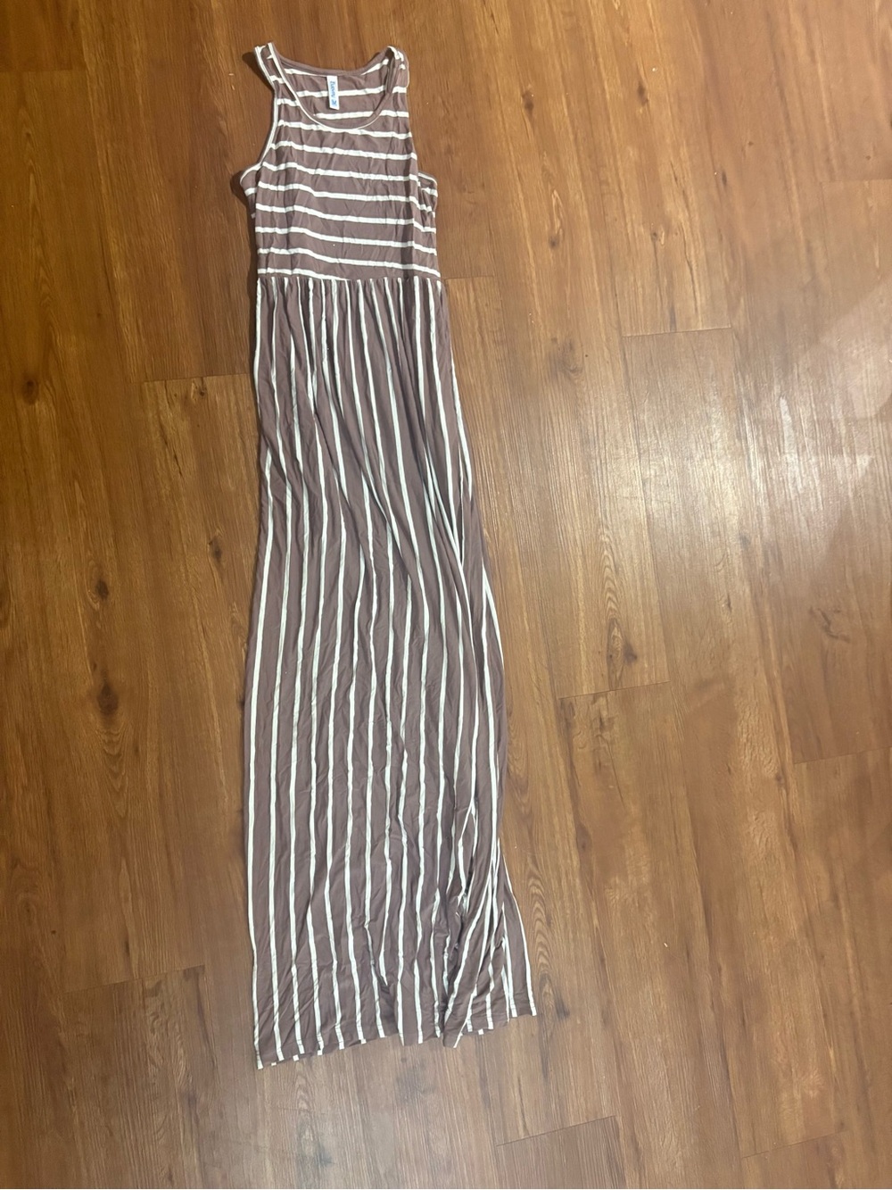 Striped Brown and White Maxi Dress - Sleeveless Casual